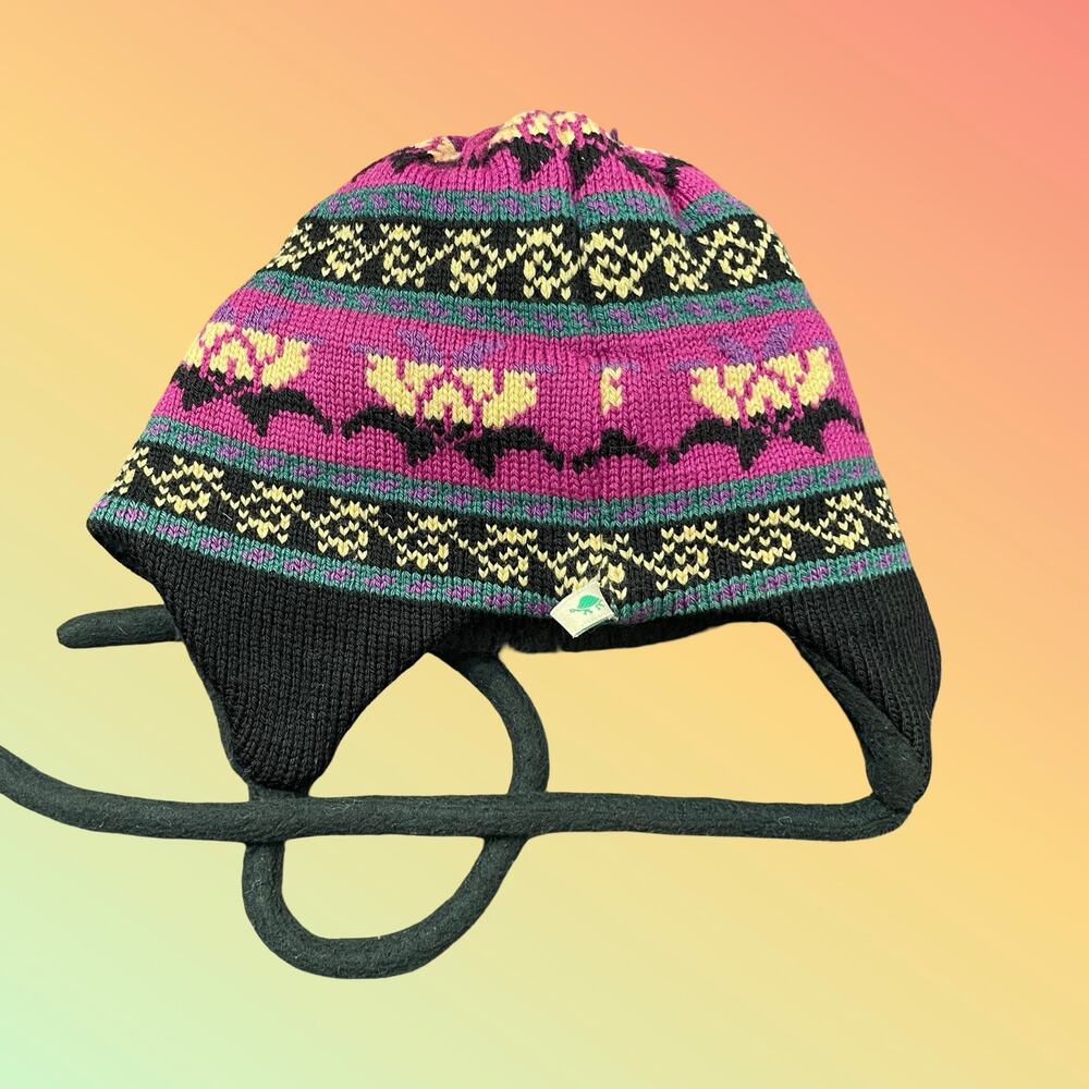 Vintage Turtle Fur Beanie Hat Made In Vermont Pink Fair Isle Chullo Earflap Wool